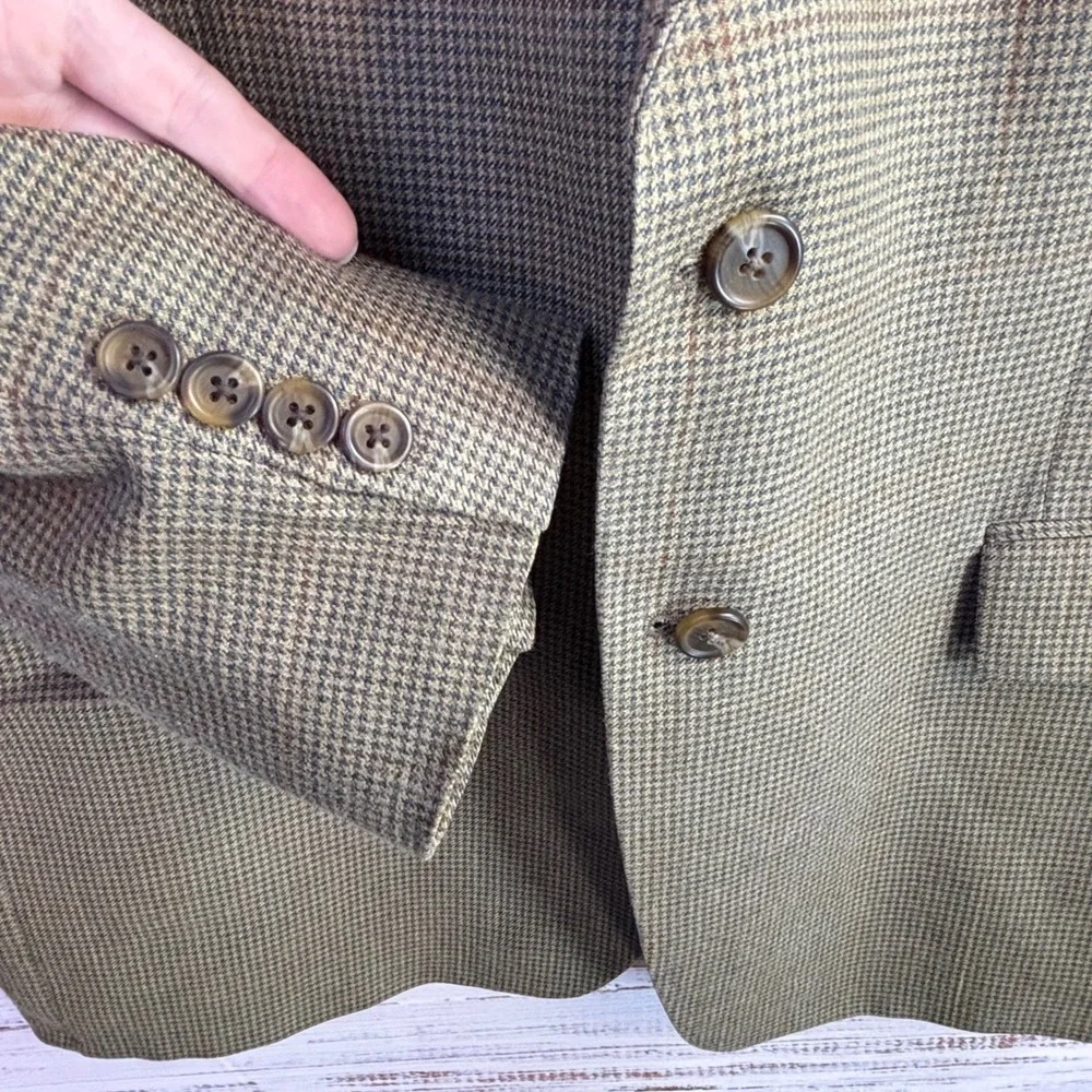 Houndstooth Vintage 90s Blazer Chaps Ralph Lauren 44R Tan Silk Wool Windowpane